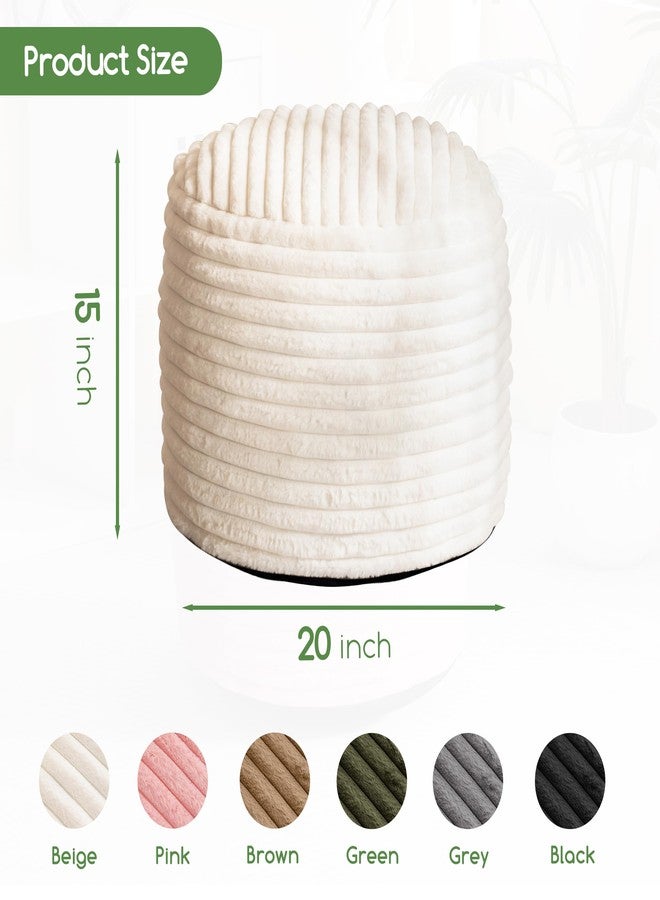 HIGOGOGO Round Stuffed Pouf Ottoman, Stripe Faux Fur Poufs with Foam Chunk Filling, Furry and Fluffy Pouf Foot Stool Storage Ottoman, 20 X 15 Floor Poufs Foot Rest for Living Room, Beige - Image 2