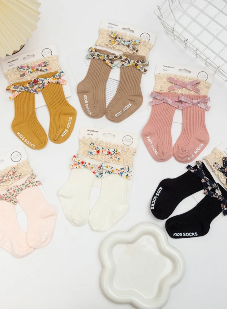 D'Daniela Victoria Ribbon Bow Turban and Socks Set for Babies - White