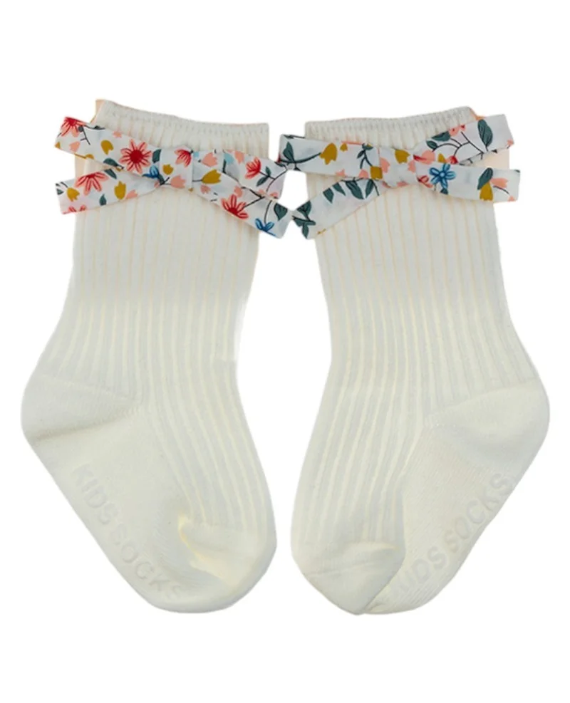 D'Daniela Victoria Ribbon Bow Turban and Socks Set for Babies - White