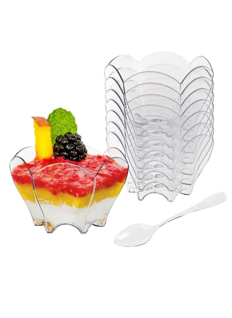 Oasisgalore 100 Pack Mini Dessert Cups with Spoons, 2.5oz Clear Small Serving Bowl for Party Desserts (Flower Shape)  - Image 1