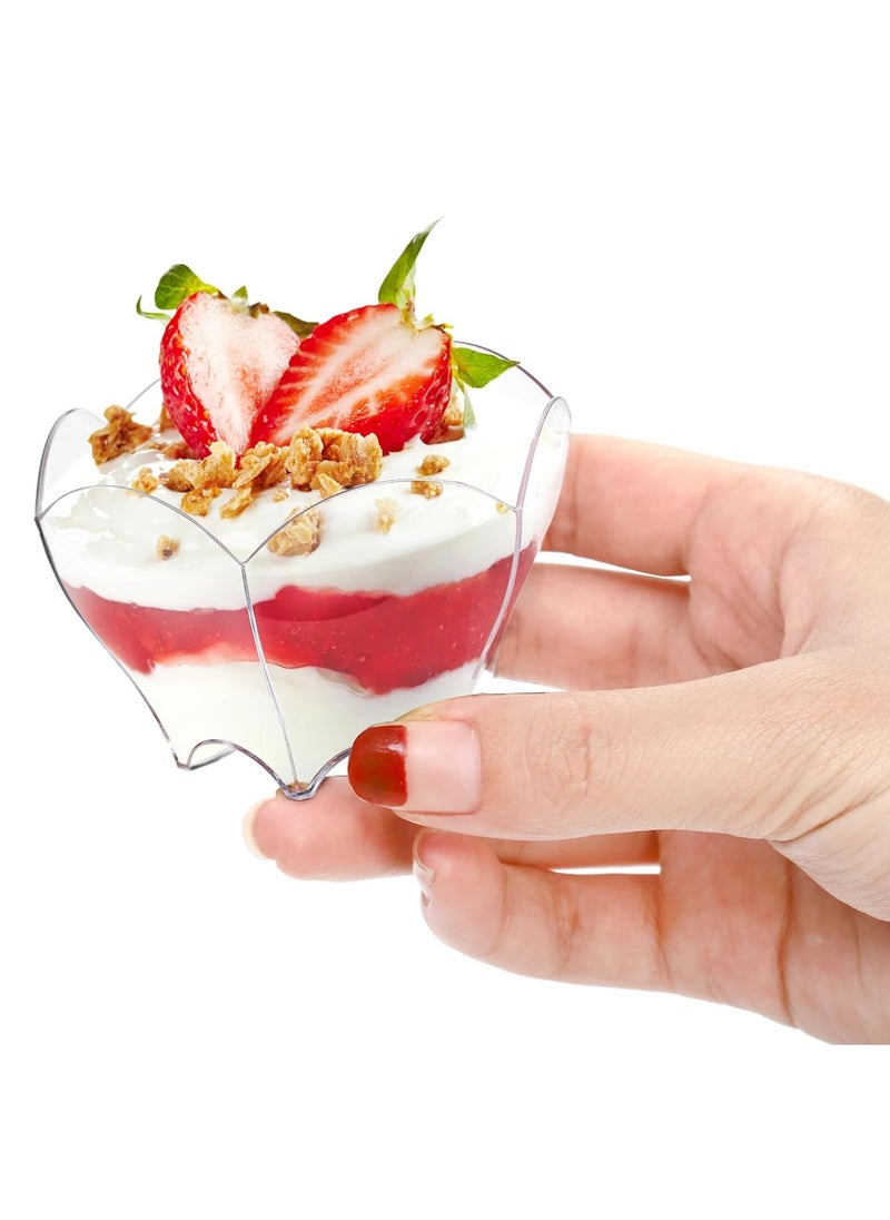 Oasisgalore 100 Pack Mini Dessert Cups with Spoons, 2.5oz Clear Small Serving Bowl for Party Desserts (Flower Shape)  - Image 4