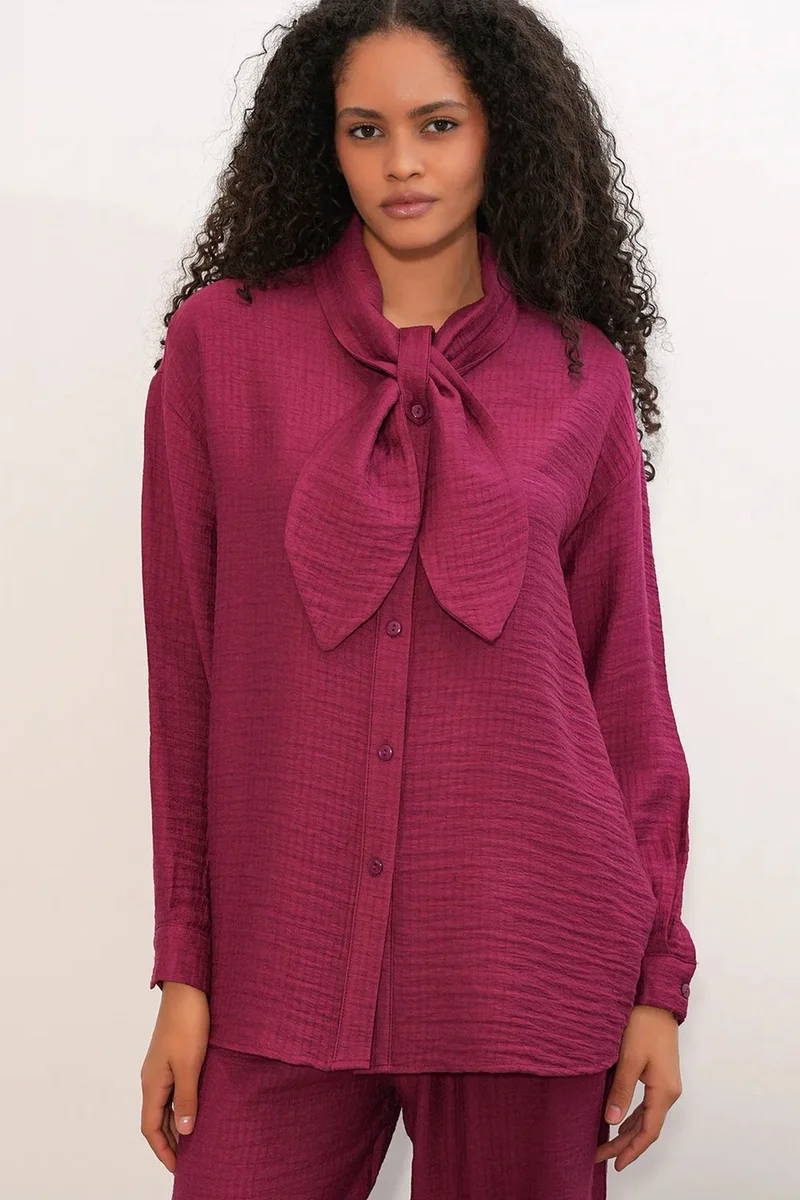 Big Dart Burgundy Red BDART Textured Shirt And Wide-Leg Trouser Set for Women | Best Price UAE