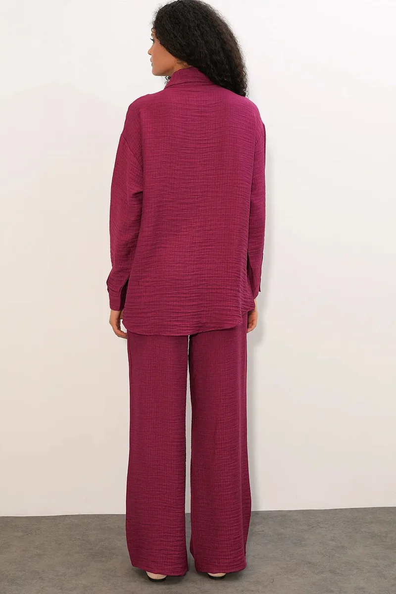 Big Dart Burgundy Red BDART Textured Shirt And Wide-Leg Trouser Set for Women | Best Price UAE