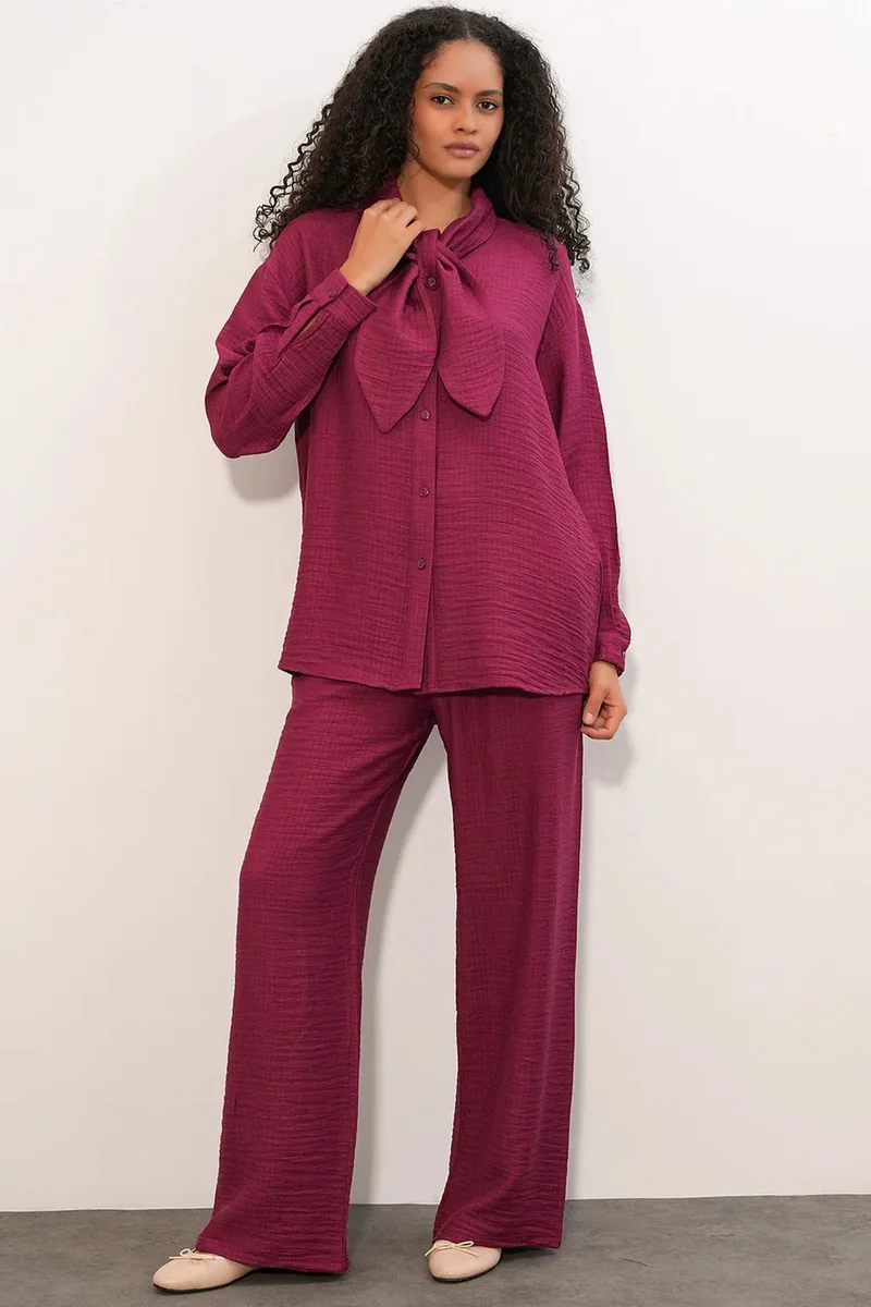 Big Dart Burgundy Red BDART Textured Shirt And Wide-Leg Trouser Set for Women | Best Price UAE