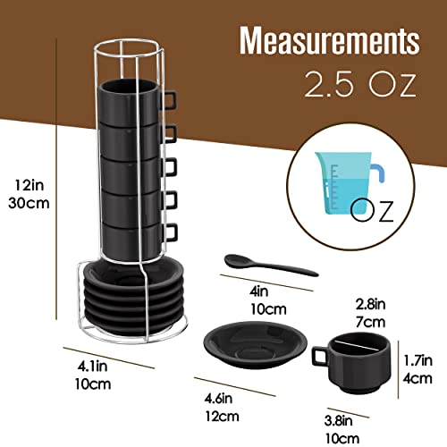 Houseables Espresso Cup Set, Espresso Cups Stackable, Expresso, Demitasse, with Saucers, Stand, Spoons, Coffee Mugs, Juego De Tazas Para Cafe, Porcelain, Stacking, 19 Pieces, Set of 6, 2.5 oz, Black - Image 3