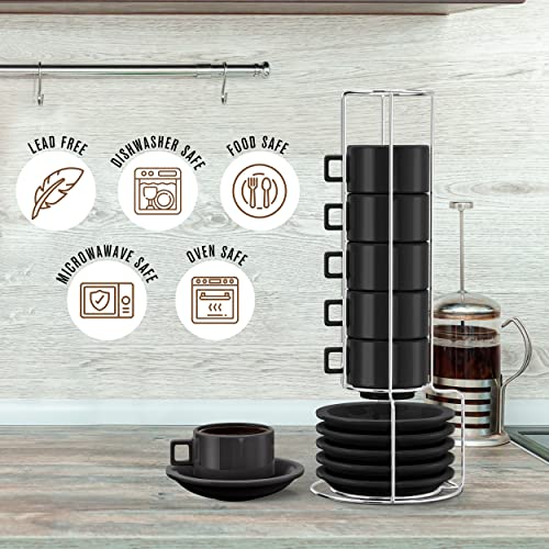 Houseables Espresso Cup Set, Espresso Cups Stackable, Expresso, Demitasse, with Saucers, Stand, Spoons, Coffee Mugs, Juego De Tazas Para Cafe, Porcelain, Stacking, 19 Pieces, Set of 6, 2.5 oz, Black - Image 2