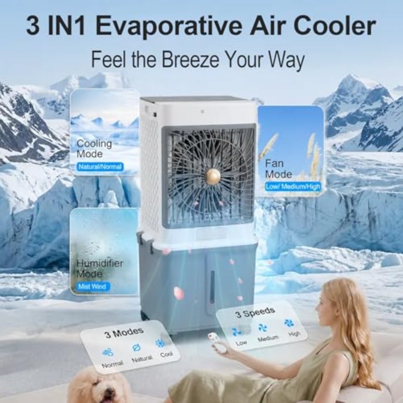 Evaporative Air Cooler 3-Speed Cooling Fan with Remote Touch Control 120 Oscillation 7H Timer Portable AC Unit 35L Water Tank + 4 Ice Boxes Fragrance Function For Home and Office - Image 3