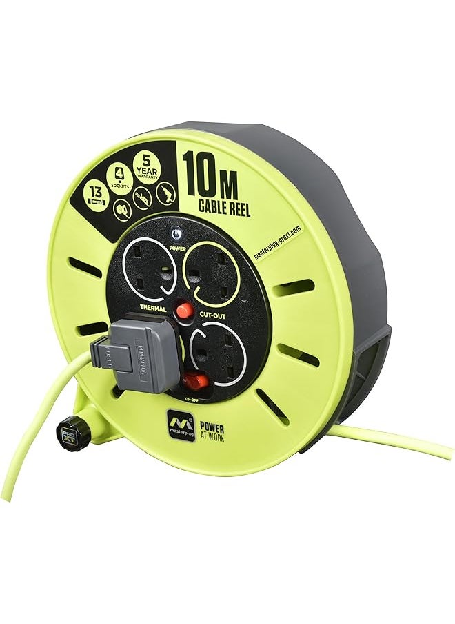 erorex Pro Xt Four Socket Medium Cassette Cable Reel With Winding Handle Thermal Cut Out And Power Switch 10 Meters High Visibility Cable Green  - Image 3