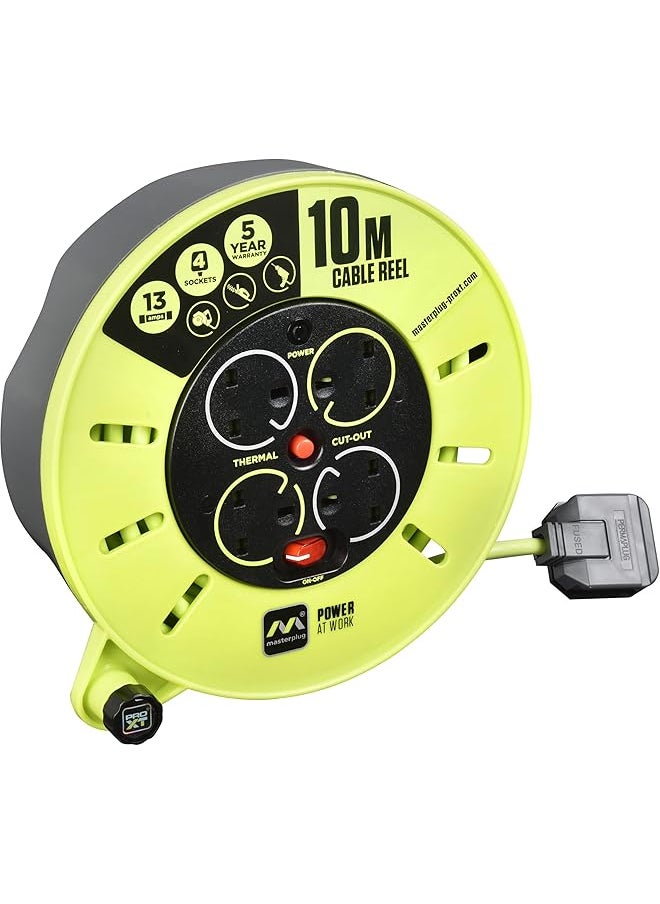 erorex Pro Xt Four Socket Medium Cassette Cable Reel With Winding Handle Thermal Cut Out And Power Switch 10 Meters High Visibility Cable Green  - Image 1