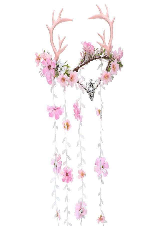 MOSTORY Pink Fairy Antler Headpiece - Elf Flower Crown Woodland Floral Circlet Forest Deer Horns Headband for Women Renaissance Cosplay Renfaire Fantasy Halloween Accessory - Image 1