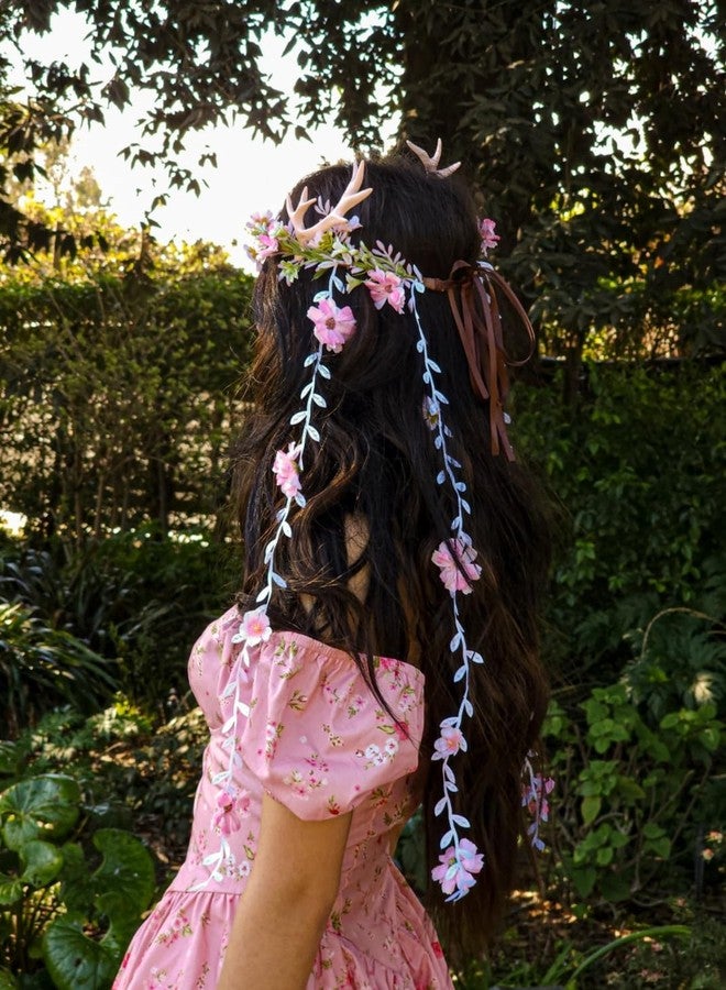 MOSTORY Pink Fairy Antler Headpiece - Elf Flower Crown Woodland Floral Circlet Forest Deer Horns Headband for Women Renaissance Cosplay Renfaire Fantasy Halloween Accessory - Image 3