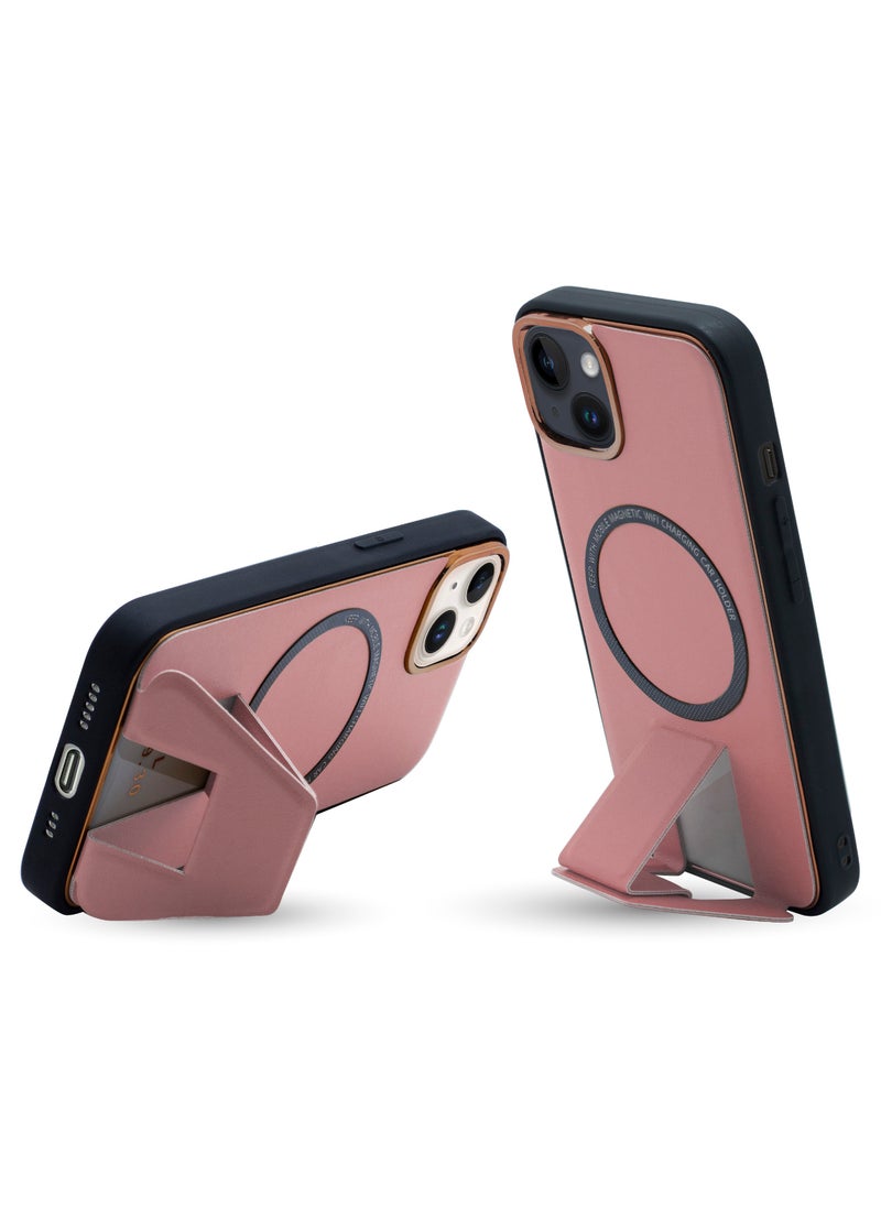 OLYNO - MagnaLux iPhone 14 Luxury Leather Back Case Cover With MagSafe Wireless Charging And Kickstand Pink Color - Image 1