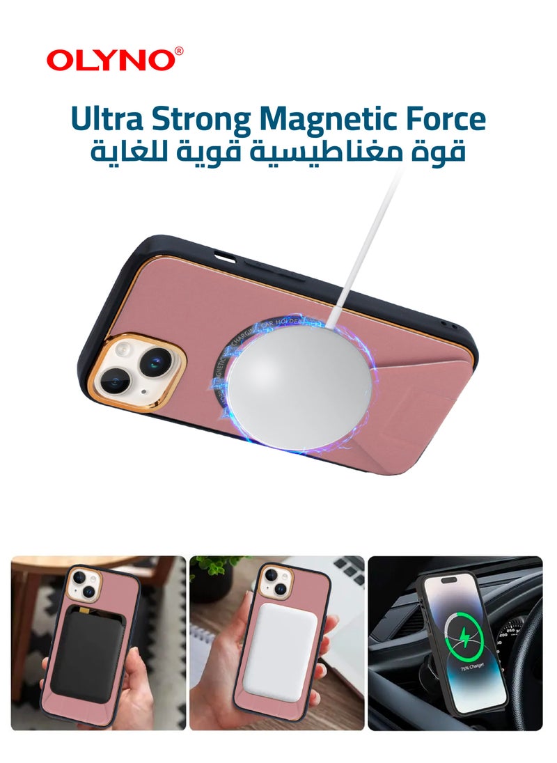 OLYNO - MagnaLux iPhone 14 Luxury Leather Back Case Cover With MagSafe Wireless Charging And Kickstand Pink Color - Image 1