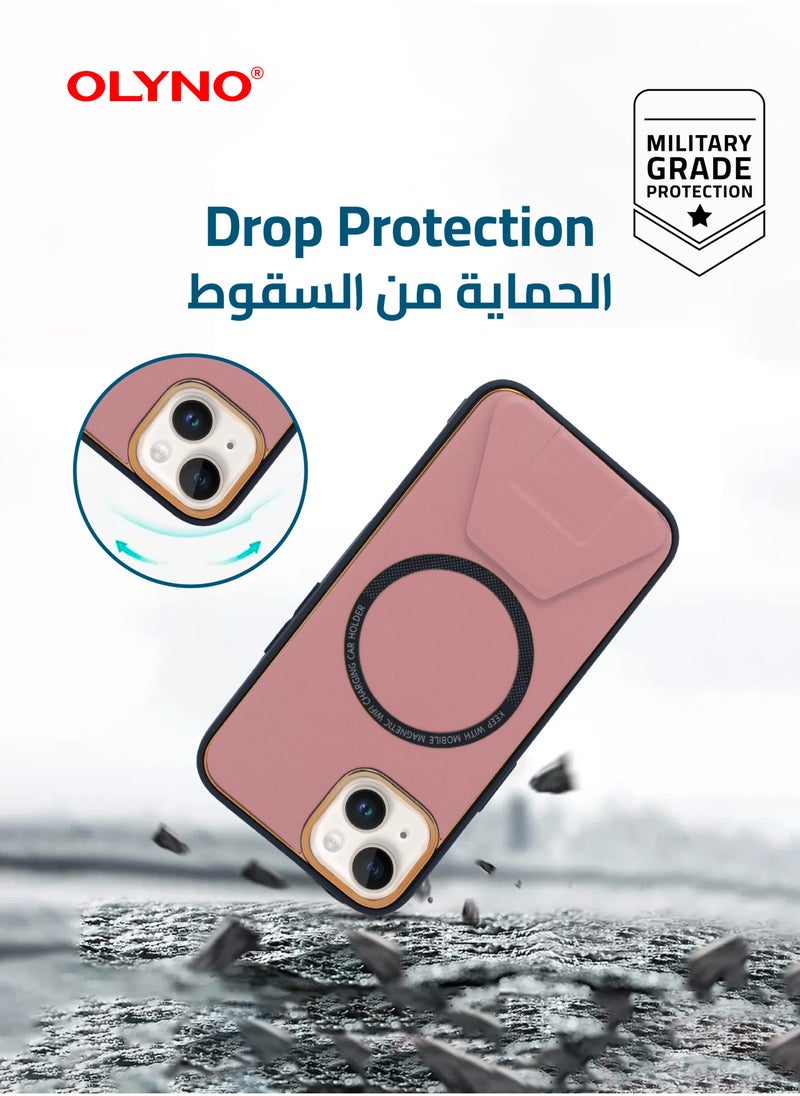 OLYNO - MagnaLux iPhone 14 Luxury Leather Back Case Cover With MagSafe Wireless Charging And Kickstand Pink Color - Image 1
