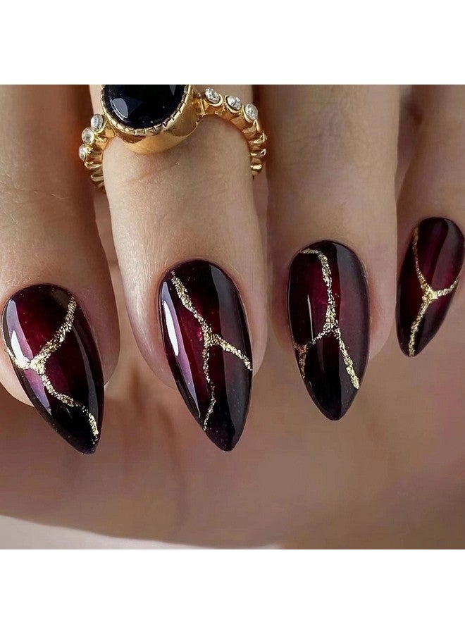 MISUD Medium Stiletto Press On Nails Almond Fake Nails Glossy Glue On Nails Black Red Ombre Acrylic Nails Goth Punk Artificial Nails Bling Gold Glitter Line Stick On False Nails With Design 24 Pcs - Image 1