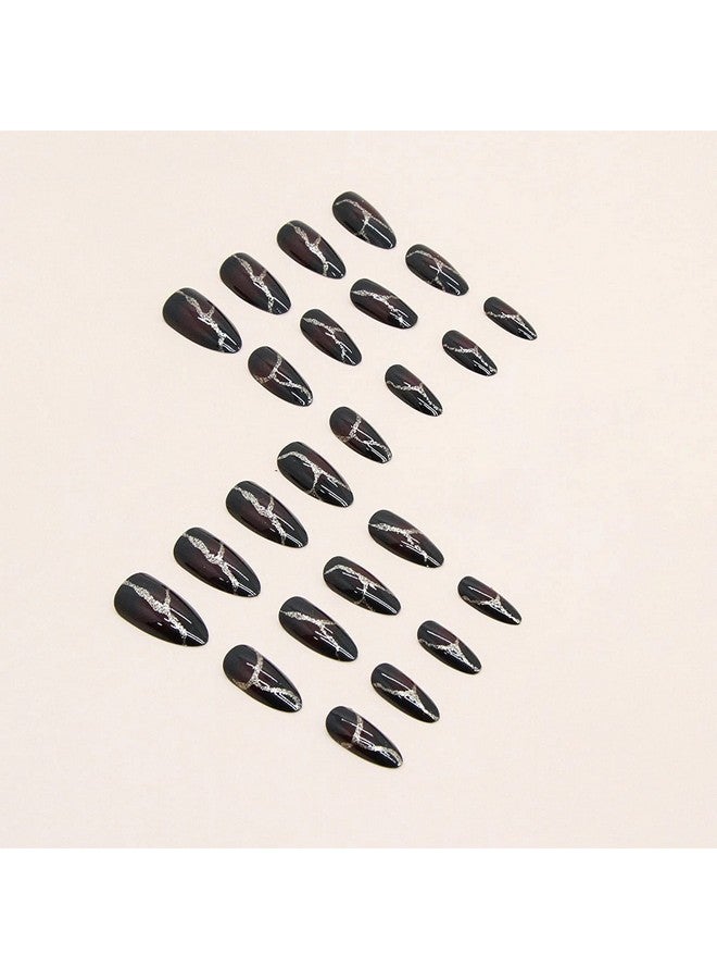 MISUD Medium Stiletto Press On Nails Almond Fake Nails Glossy Glue On Nails Black Red Ombre Acrylic Nails Goth Punk Artificial Nails Bling Gold Glitter Line Stick On False Nails With Design 24 Pcs - Image 3