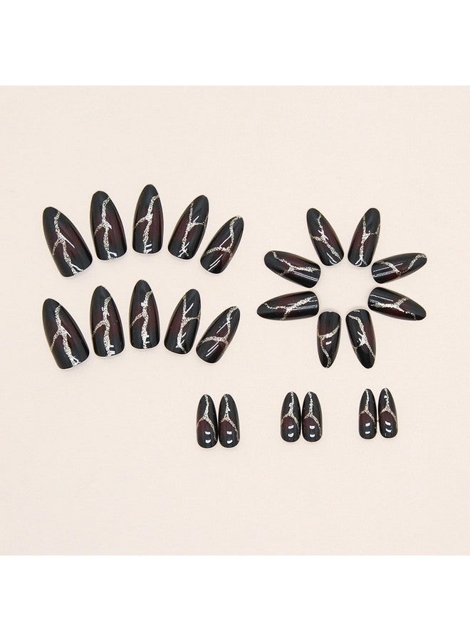MISUD Medium Stiletto Press On Nails Almond Fake Nails Glossy Glue On Nails Black Red Ombre Acrylic Nails Goth Punk Artificial Nails Bling Gold Glitter Line Stick On False Nails With Design 24 Pcs - Image 4