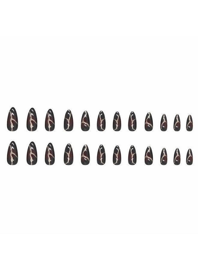 MISUD Medium Stiletto Press On Nails Almond Fake Nails Glossy Glue On Nails Black Red Ombre Acrylic Nails Goth Punk Artificial Nails Bling Gold Glitter Line Stick On False Nails With Design 24 Pcs - Image 2