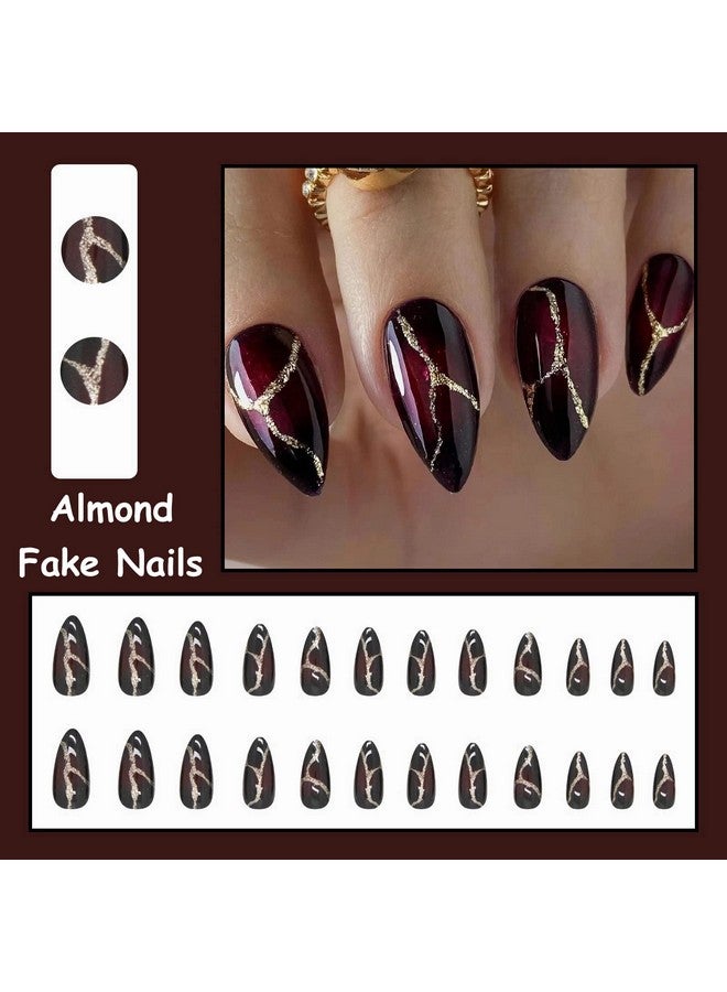 MISUD Medium Stiletto Press On Nails Almond Fake Nails Glossy Glue On Nails Black Red Ombre Acrylic Nails Goth Punk Artificial Nails Bling Gold Glitter Line Stick On False Nails With Design 24 Pcs - Image 5