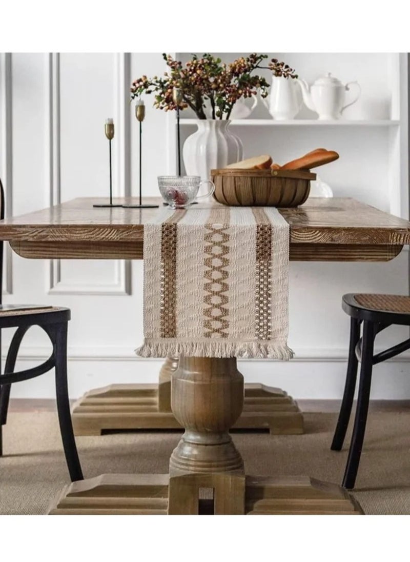 MIXDE Macrame Table Runner Boho Cotton Linen Table Runner Natural Burlap Table Runner with Tassels Bohemian Table Cloth Decoration for Wedding Party Farmhouse Dining Table Decor 12 x 71''  - Image 3