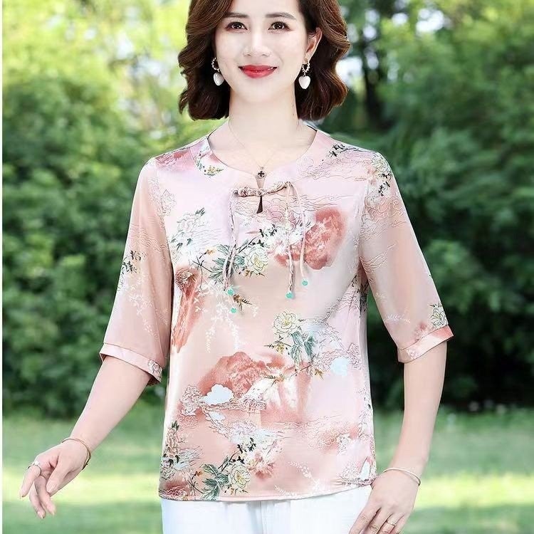 Mothers Summer Dress Floral Chiffon Shirt Stylisch Short-sleeved plus size Belly Covering Slimming Middle-aged and Elderly Womens Top Age-reducing Pink - Image 1