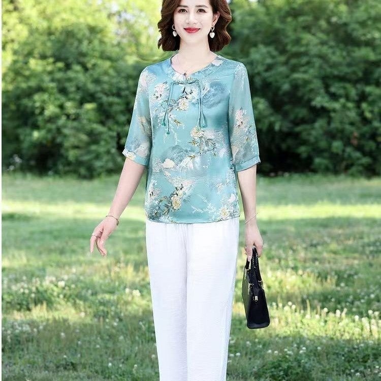 Mothers Summer Dress Floral Chiffon Shirt Stylisch Short-sleeved plus size Belly Covering Slimming Middle-aged and Elderly Womens Top Age-reducing Pink - Image 2