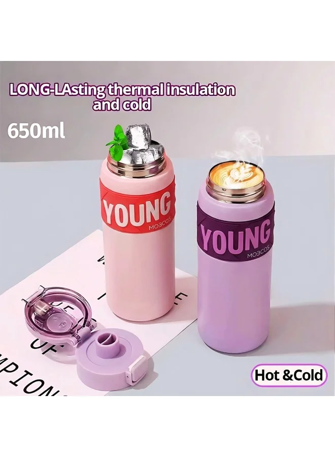 Mobcos purple 304 Stainless Steel Double Wall Vacuum Insulated Cup with Bounce Lid Straw 650ml Hiking Sports Water Bottle (Purple)  | Best Price UAE
