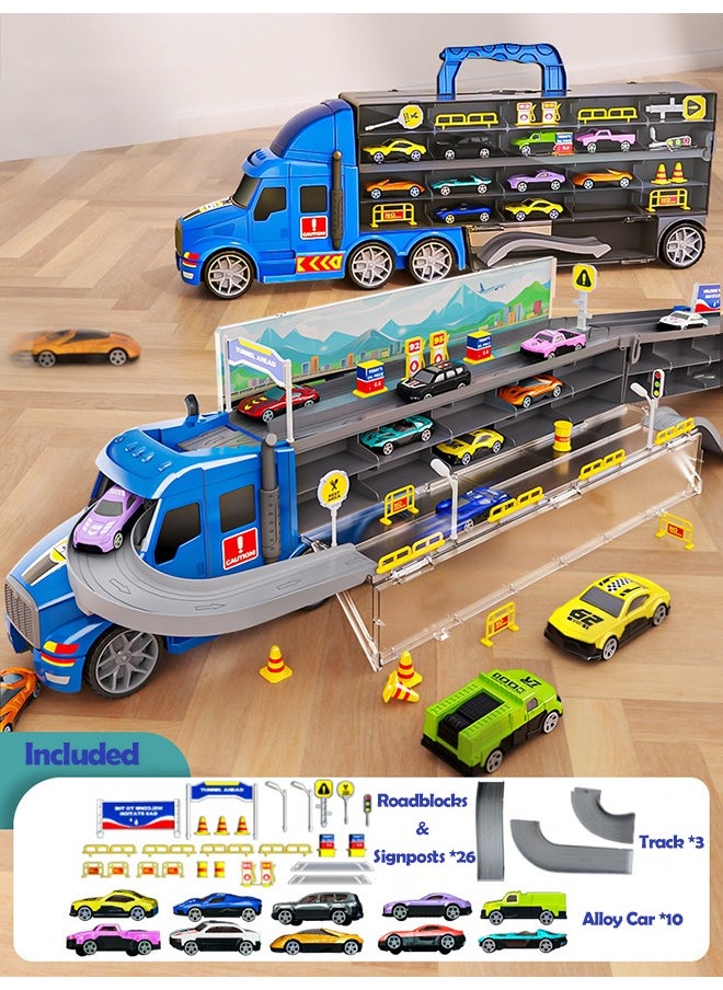 XiuWoo Carrier Truck Dual Race Track Toddlers Toys Foldable 3 Layer Car Race Track Playset Toy Truck Transport Car Carrier & 10 Alloy Cars Truck Car Kids Toys Gifts for Age 3 4 5 6+ Years Old Boys Girls  - Image 1