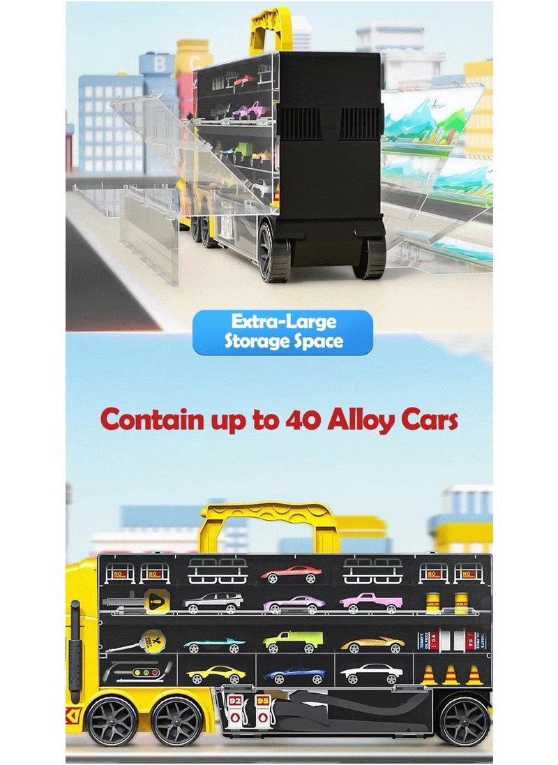 XiuWoo Carrier Truck Dual Race Track Toddlers Toys Foldable 3 Layer Car Race Track Playset Toy Truck Transport Car Carrier & 10 Alloy Cars Truck Car Kids Toys Gifts for Age 3 4 5 6+ Years Old Boys Girls  - Image 5