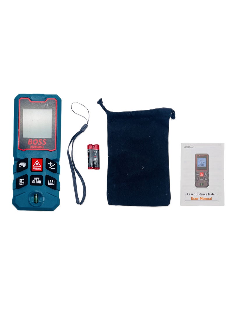 Boss Lifestyle 100M Laser Distance Measure Meter with 1 Bubble Level, Min/In/Ft Unit Switching, LCD Backlit Display, Pythagorean Mode, Area and Volume