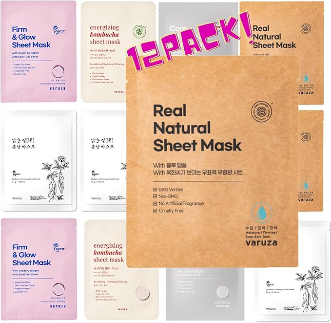 VARUZA Best Collection Premium Vegan Korean Sheet Mask Set 12 Sheets Firming Hydration Glow Clean Beauty EWG Vegan Certified Sheet Mask Multipack - Image 1