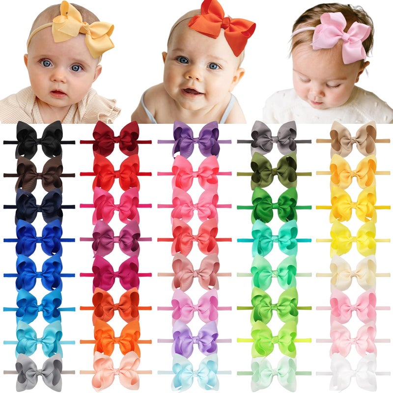 CÉLLOT 40 Colors Baby Bow Headbands 3.5" Hair Bows Super Soft Nylon Headbands for Baby Girls Infants preemie and Newborn Kids Hair Accessories - Image 1
