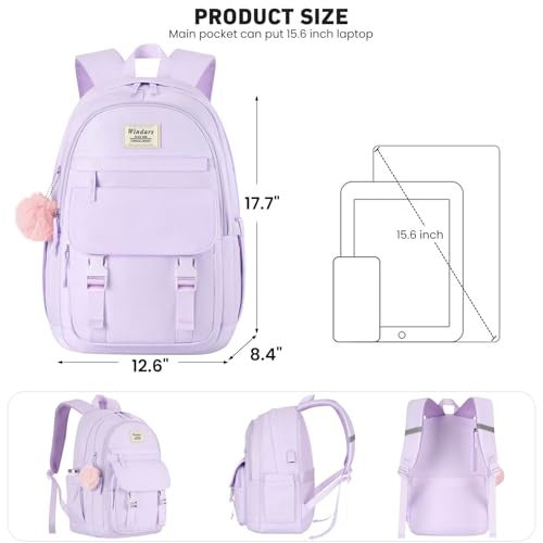 WINDARS School Backpack for Teen Girls, Cute College Backpacks for Women Students Aesthetic Bookbag Large 15.6 Inch Laptop Bag Middle School Travel Back Pack (Purple) - Image 3