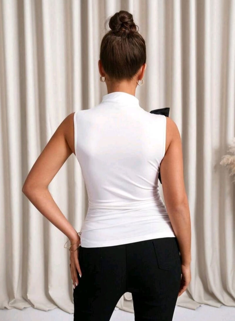 SHEIN Black & White Contrast Bow Collar Slim Fit Tank Top For Women