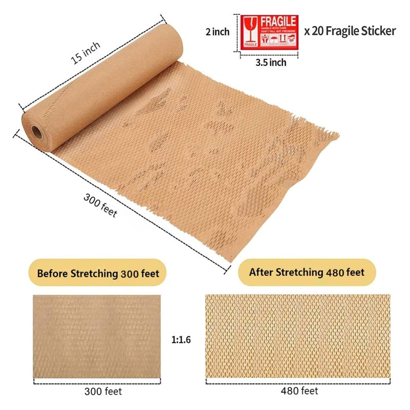 Qtheaes Honeycomb Packing Paper, 15"x300' Eco Friendly Packing Paper for Moving Recyclable Shipping Supplies Bubble Paper Wrapping Protective Roll, With 24 Fragile Sticker Labels - Image 2