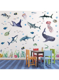 Marspark 3 Pieces Large Watercolor Sharks Wall Decals Ocean Animal Peel And Stick Wall Sticker Under The Sea Marine Life Theme Decals Nursery Room Home Decor Boy Girl Kid Party Supply 11.2 X 34.6 Inches  - Image 1