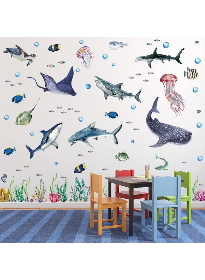 Marspark 3 Pieces Large Watercolor Sharks Wall Decals Ocean Animal Peel And Stick Wall Sticker Under The Sea Marine Life Theme Decals Nursery Room Home Decor Boy Girl Kid Party Supply 11.2 X 34.6 Inches - Image 2