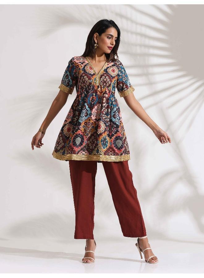 trueBrowns Brown Print Flared Co-ord Set - Image 1