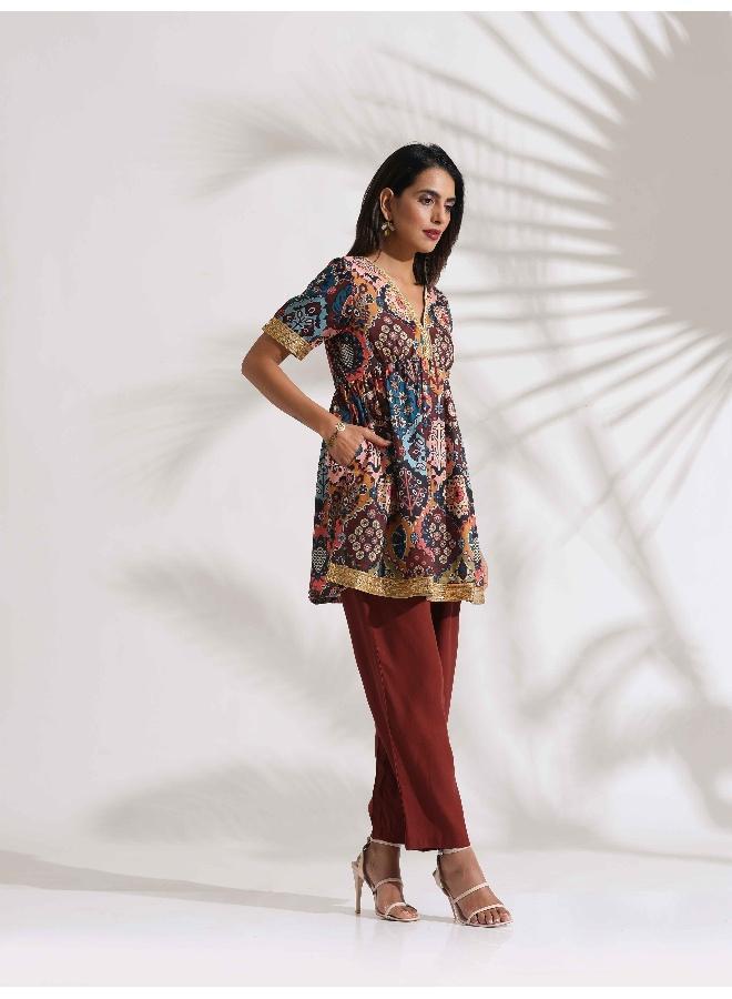 trueBrowns Brown Print Flared Co-ord Set - Image 3