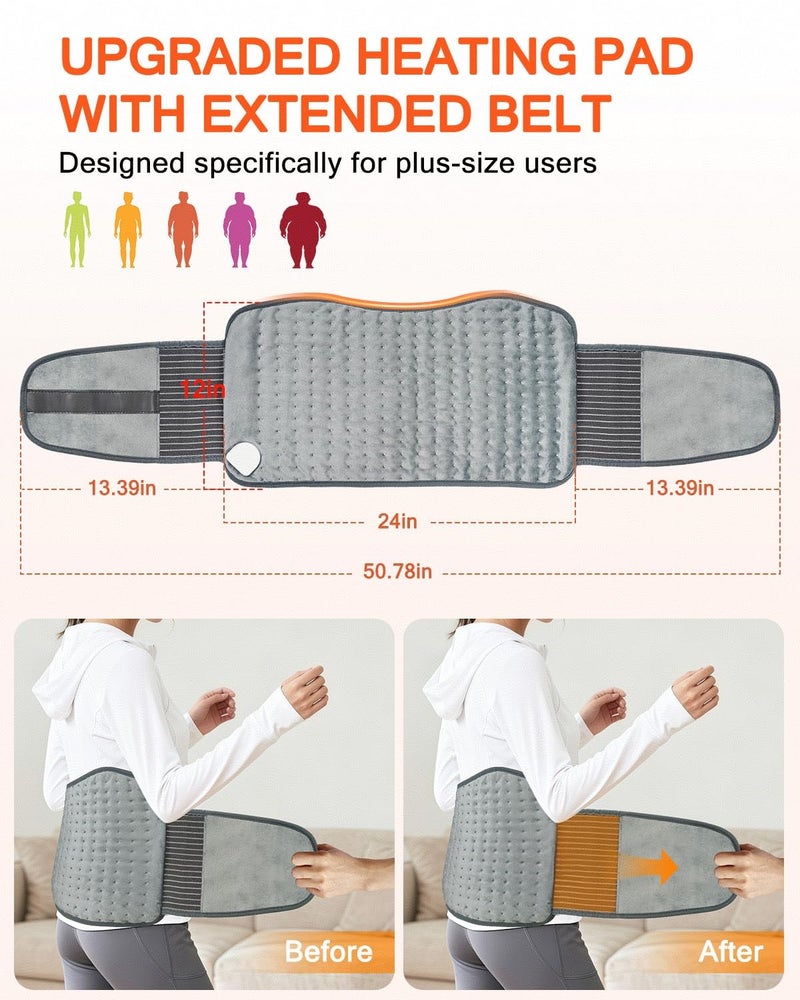 AiTechny Heating Pad for Back Pain Relief, Extra-Large 12"x24"+26" Extendable Electric Heating Pad for Period Cramps with Belt, Auto Shut Off, Machine Washable, Portable Moist Heating Pad for Women & Men - Image 2