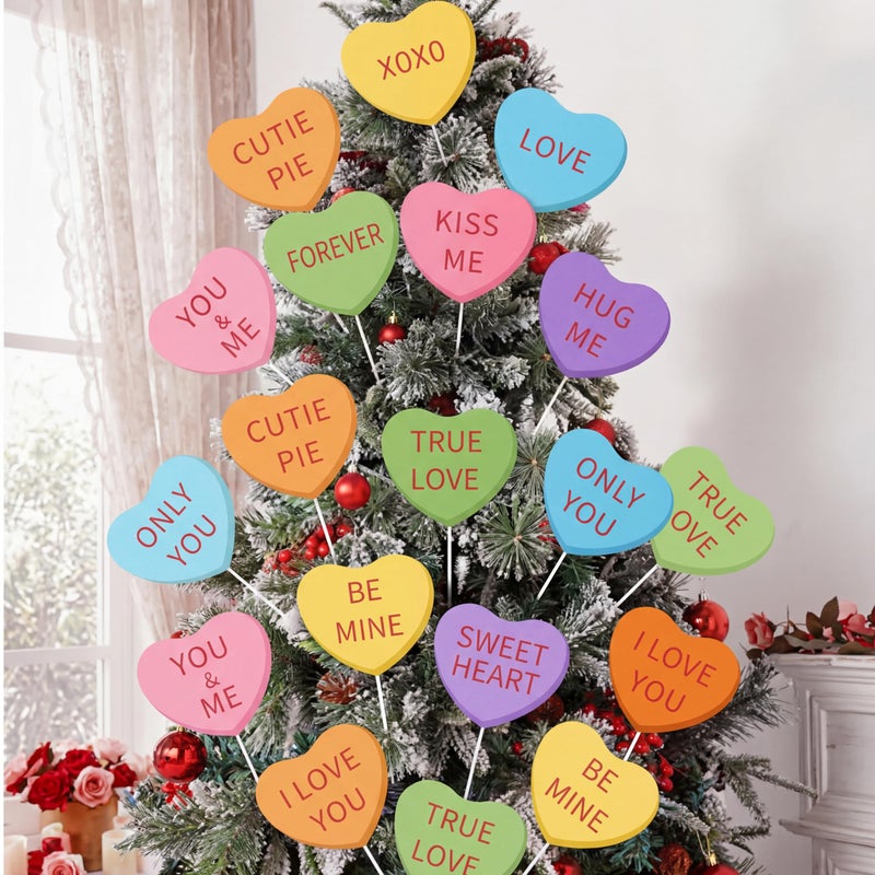 Vercraft 24 Pcs 7.87 Inch Valentine's Day Decorations Tree Ornaments Large Candy Heart Tree Picks Decorations Cute Sweet Conversation Hearts Pick Ornaments for Vase Filler Wreath Fireplaces Wedding - Image 5