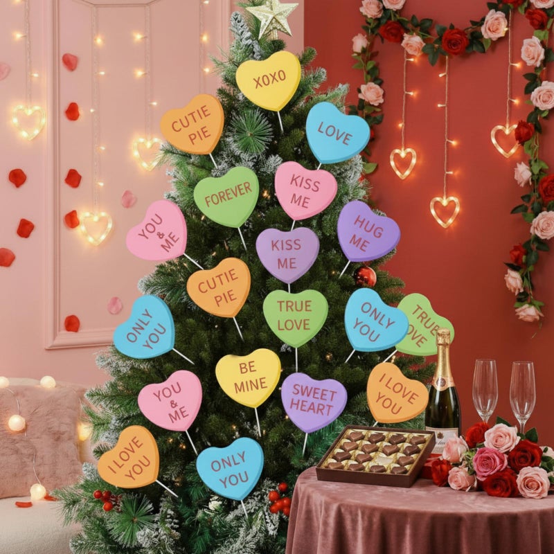 Vercraft 24 Pcs 7.87 Inch Valentine's Day Decorations Tree Ornaments Large Candy Heart Tree Picks Decorations Cute Sweet Conversation Hearts Pick Ornaments for Vase Filler Wreath Fireplaces Wedding - Image 1