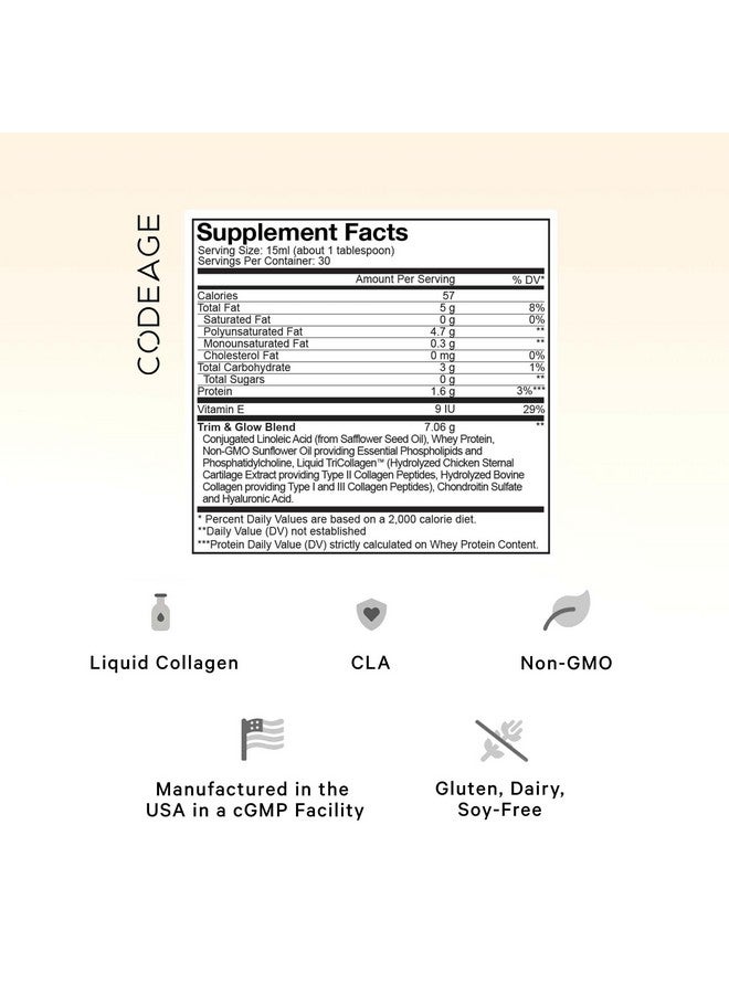 Codeage Liquid Collagen Supplement Vanilla Flavor, Beauty Trim & Glow Liposomal Collagen Peptides, CLA Conjugated Linoleic Acid, Hyaluronic Acid, Vitamin E, Hydrolyzed, Non-GMO, 15.22 fl oz - Image 2