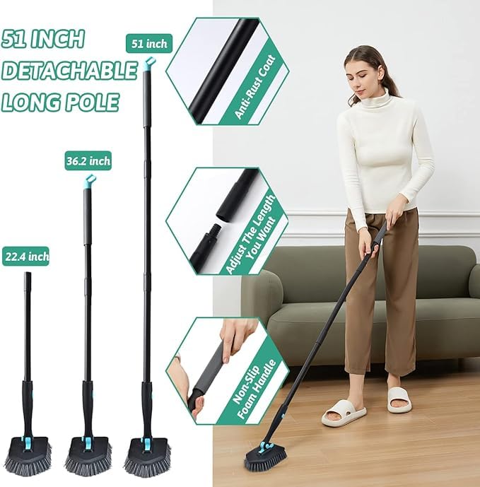 IGNOTI 3 in 1 Tub & Tile Scrubber with Long Handle 51'' - Scrub Cleaning Brush Stiff Bristles Brush Grout Brush for Kitchen Toilet Wall Bathtub Shower Bathroom Sink Window Baseboard (Black) - Image 2
