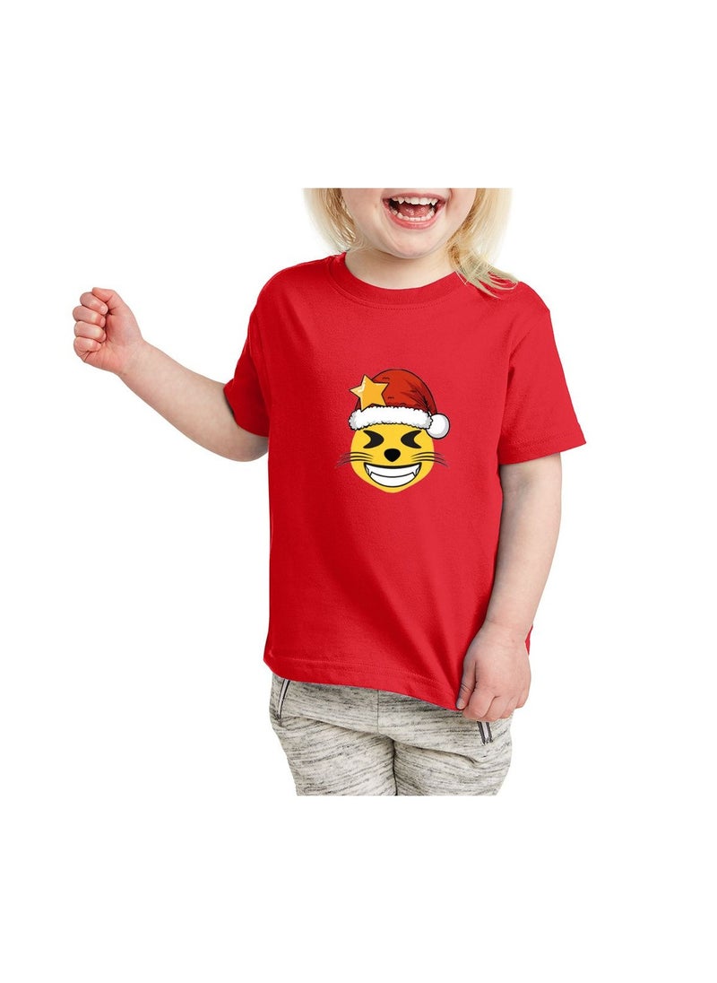 PRINTSHOP4ME - Christmas Emoji Kids Red T-Shirt For Girls–Soft Cotton Round Neck Short Sleeve T-Shirt With Smiley Face Emoji–Great For Parties - Image 1