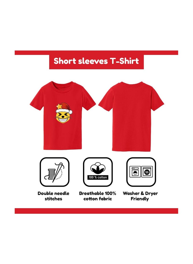 PRINTSHOP4ME - Christmas Emoji Kids Red T-Shirt For Girls–Soft Cotton Round Neck Short Sleeve T-Shirt With Smiley Face Emoji–Great For Parties - Image 1