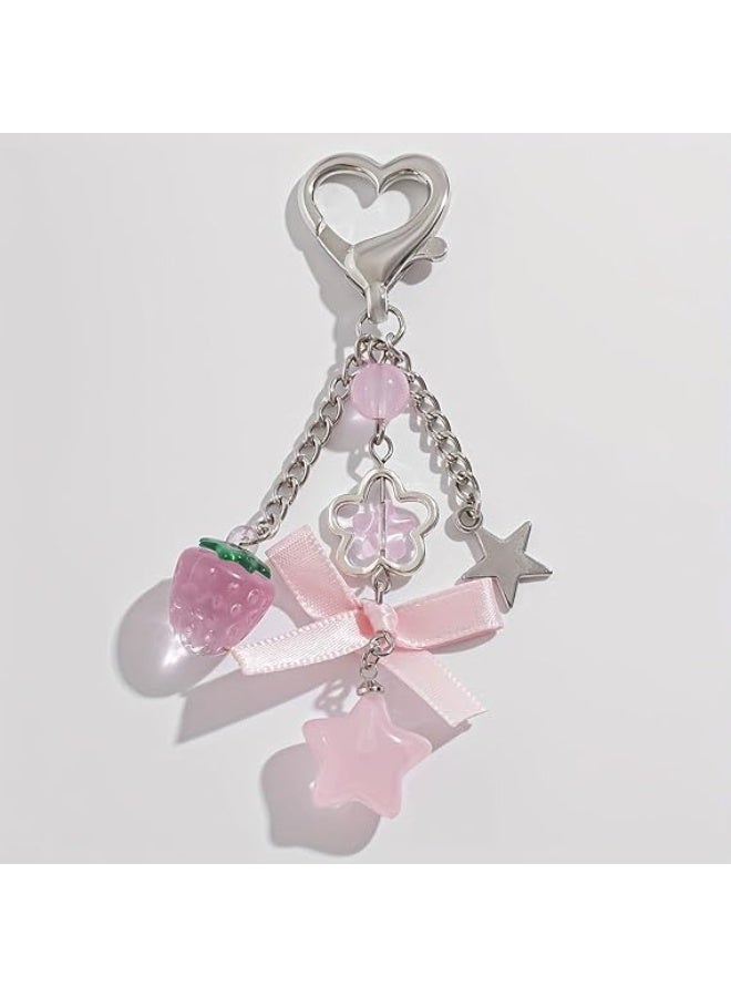 SUNSAR Cute Coquette Aesthetic Y2K Kawaii Keychain Strawberry Bow Star Pendants Keyrings Kawaii Accessories Keychain - Image 3