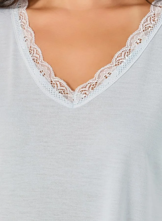 Styli Lace Trim V-Neck Side Slit Nightdress