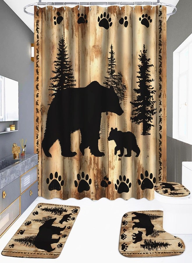 sunfrower 4 Pieces Rustic Bear Shower Curtain for Cabin Bathroom Forest Woodland Nursery Bear Shower Curtain Set with Non-Slip Rugs Toilet Lid Cover and Bath Mat Farmhouse Shower Curtains Toilet Home Decoration - Image 1