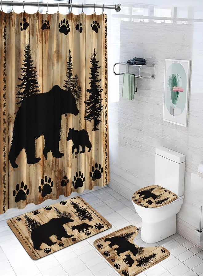 sunfrower 4 Pieces Rustic Bear Shower Curtain for Cabin Bathroom Forest Woodland Nursery Bear Shower Curtain Set with Non-Slip Rugs Toilet Lid Cover and Bath Mat Farmhouse Shower Curtains Toilet Home Decoration - Image 2